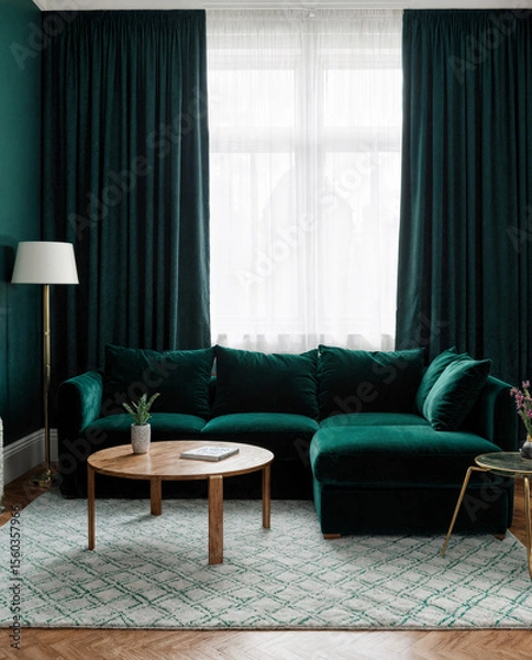 Obraz A modern living room in deep emerald green with walls, curtains and velvet upholstery.