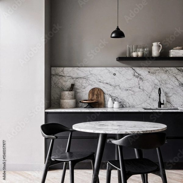 Obraz Minimalist kitchen with sleek corner cabinets and round marble dining table