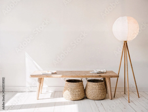 Obraz A low wooden bench with a woven basket beneath a floor lamp made of rice paper.