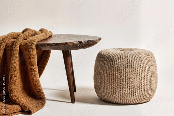 Obraz A dark walnut coffee table with organic edges is paired with a bouclé pouf and textured earth tones