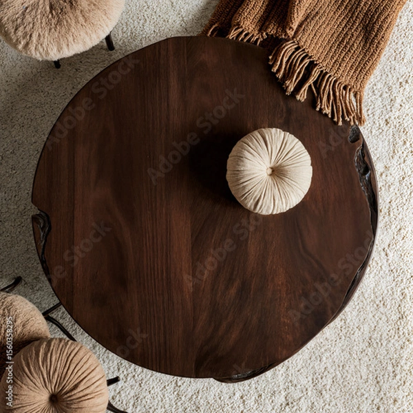 Obraz Dark walnut coffee table with organic edges, bouclé pouf and textured earthen blanket