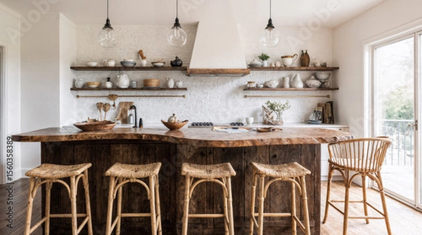 Obraz Island table with curved corners and open shelves finished with reclaimed wood rattan bar stools and handmade ceramic