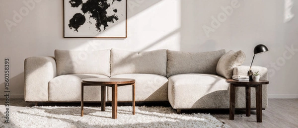 Obraz A soft cream-colored curved sofa, white walls, and a walnut-colored side table with an abstract design.