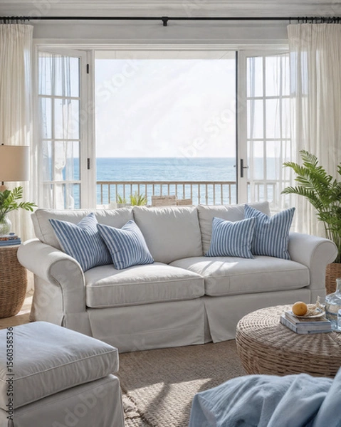 Obraz A coastal living room with a soft white linen slipcovered sofa is accented with blue striped cushions and a rattan side table