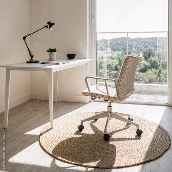 Obraz Minimalist workspace for summer with floating desk and ergonomic chair near large windows