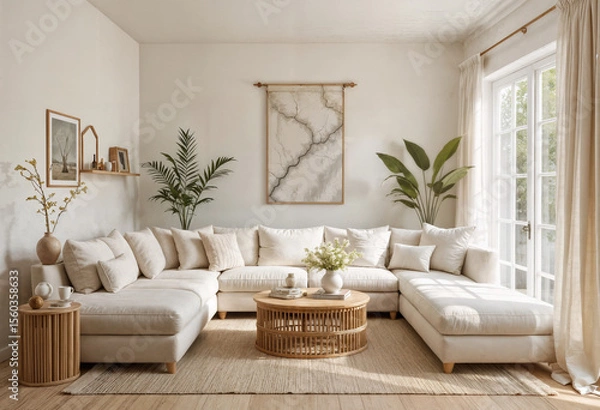 Obraz Eco-friendly living room in summer tones centered around a brightly colored modular sofa with a recycled cotton bamboo side table and airy linen curtains