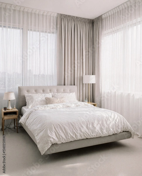 Obraz A tranquil and minimal bedroom interior with a low platform bed, crisp white linen bedding and a single floating bed.
