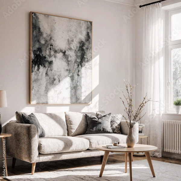 Obraz Beautiful beige sofa with sunlight streaming through large windows in bright modern Scandinavian living room
