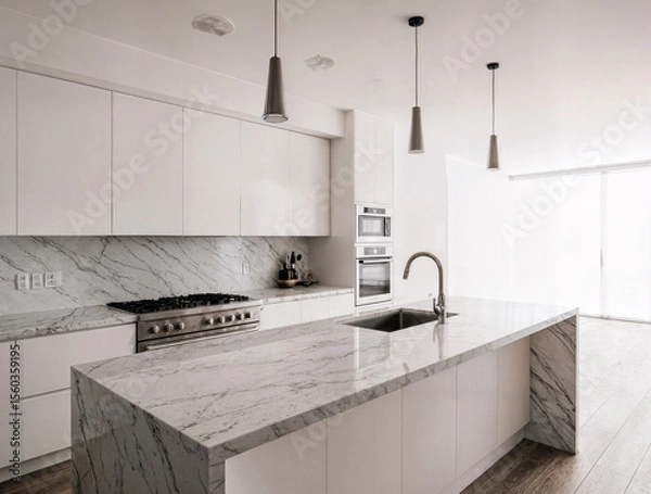 Obraz Stylish modern minimalist kitchen interior with handle-less white cabinets and a large island table topped with quartz