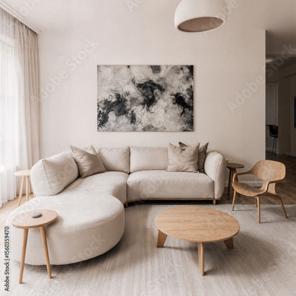 Obraz Minimal living room interior with cream modular sofa, organic curves, and lighting