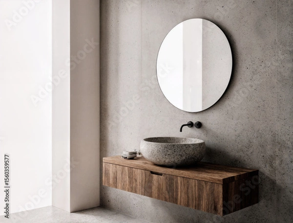 Obraz A tranquil bathroom interior with a hand-carved stone sink, curved wooden vanity, and picture frames.