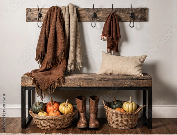 Obraz Rustic autumn porch with sturdy bench, old pine wool scarf and leather boots decorated with hoops