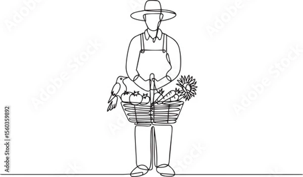 Fototapeta continuous line drawing of a farmer wearing hat and apron holding basket of produce in elegant single line art style