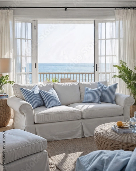 Obraz A coastal living room with a soft white linen slipcovered sofa is accented with blue striped cushions and a rattan side table