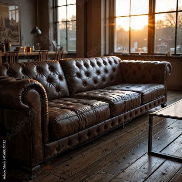 Obraz A living space with a deep distressed leather sofa on raw wood floors accompanied by a steel-framed coffee table- Captured at sunset with golden light reflecting on the leathers surface