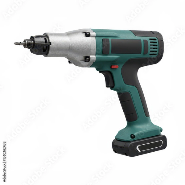 Obraz Powerful cordless electric drill in green and black, featuring a comfortable grip and rechargeable battery, ideal for DIY and construction work.