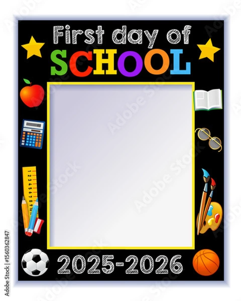 Fototapeta First day of school 2025-2026, photo booth frame design. Back to school 2025 creative template for photo album. Vector illustration