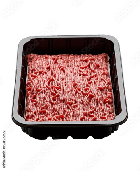 Obraz fresh minced meat in black plastic packaging isolated on white background