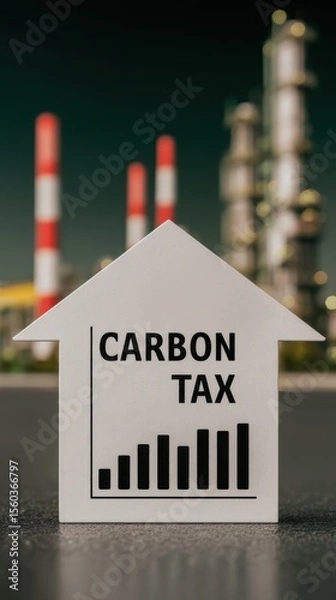 Fototapeta White arrow-shaped sign with "Carbon Tax" and a rising bar graph, set against a blurred industrial background with chimneys.