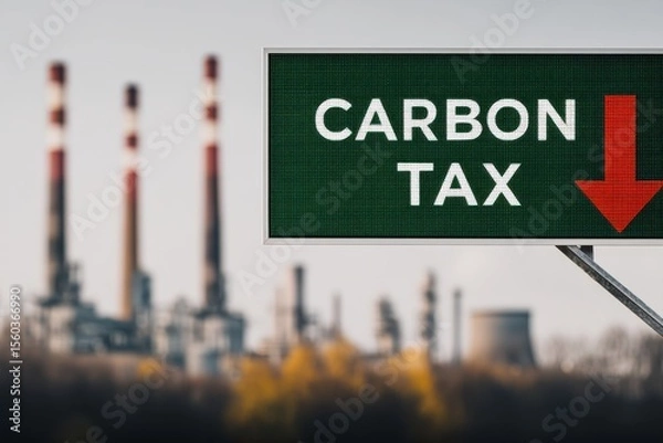 Fototapeta A sign displaying "Carbon Tax" with a downward arrow stands in front of a blurred industrial plant with smokestacks.