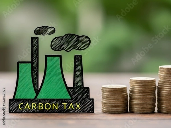 Fototapeta Illustration of a factory releasing pollution labeled "Carbon Tax" next to ascending stacks of coins symbolizing financial impact or regulation.