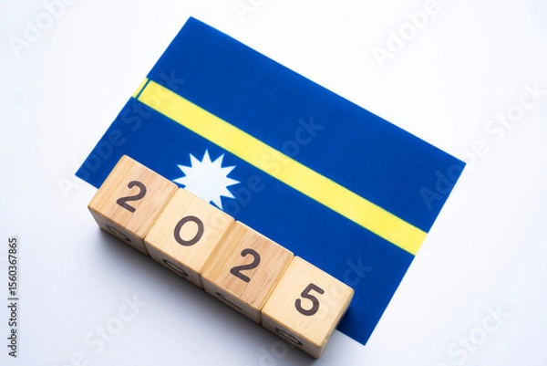 Fototapeta 2025, Nauru flag with date block, Concept, Important events for Nauru the new year, election, economy, social activities, central bank, Nauru foreign policy