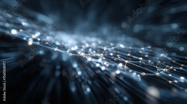 Fototapeta Abstract blue fiber optic background with glowing light spots and digital network elements