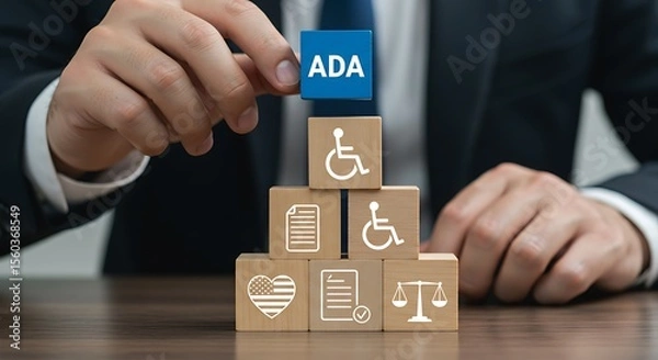 Fototapeta Businessman placing A D A cube atop wooden blocks showing disability accessibility symbols American flag document