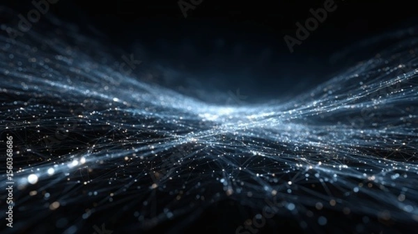 Fototapeta Abstract blue fiber optic background with glowing light spots and digital network elements
