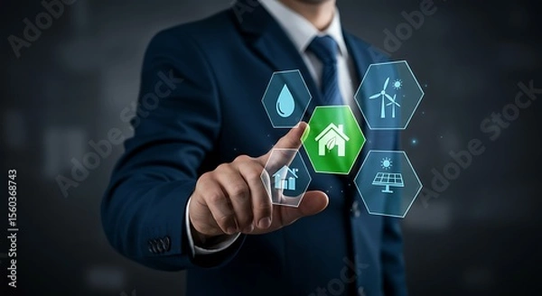 Fototapeta Businessman Interacting with Green Technology Interface Showing Home Energy Efficiency Water Conservation Wind Power