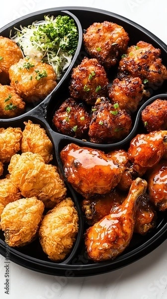 Obraz Korean fried chicken with spicy glaze on black plate