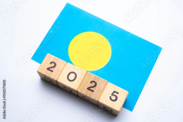 Fototapeta 2025, Palau Flag with date block, Concept, Important events for Palau the new year, election, economy, social activities, central bank, Palau foreign policy