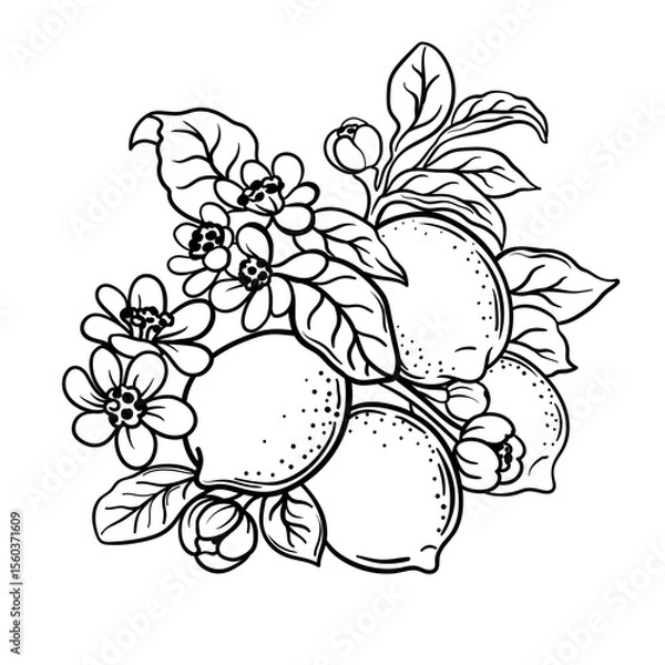 Obraz Vintage blooming lemon citrus, hand drawn vector illustration