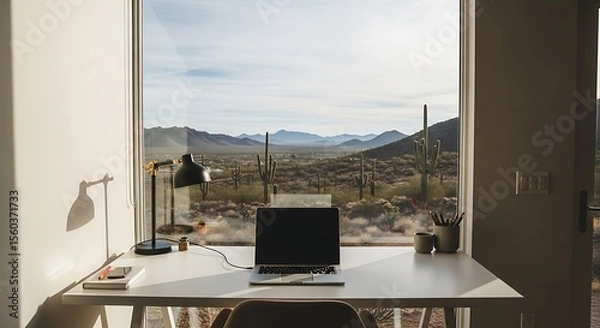 Fototapeta Bright workspace with laptop and lamp on desk, overlooking a desert landscape through a large window.