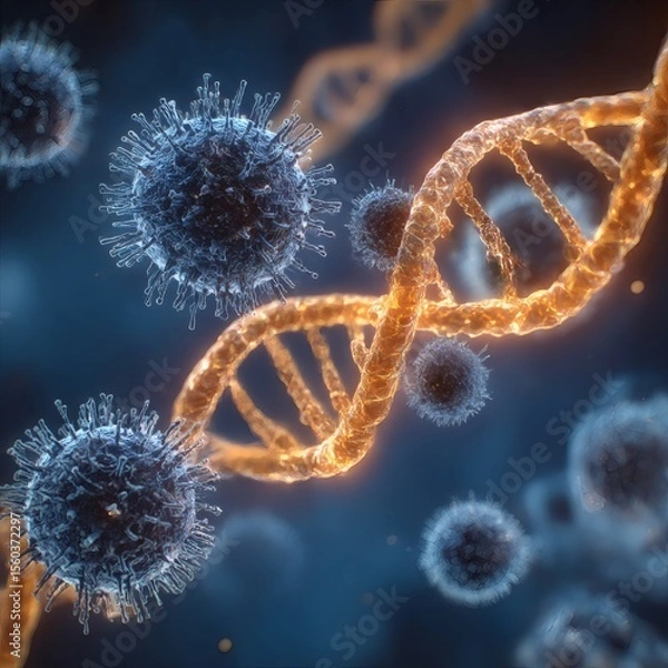 Fototapeta Colorful 3D DNA render with underwater and abstract marine elements