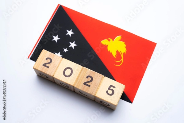 Fototapeta 2025, Papua New Guinea, Papua New Guinea flag with date block, Concept, Important events for Papua New Guinea in the new year, election, economy, social activities, central bank