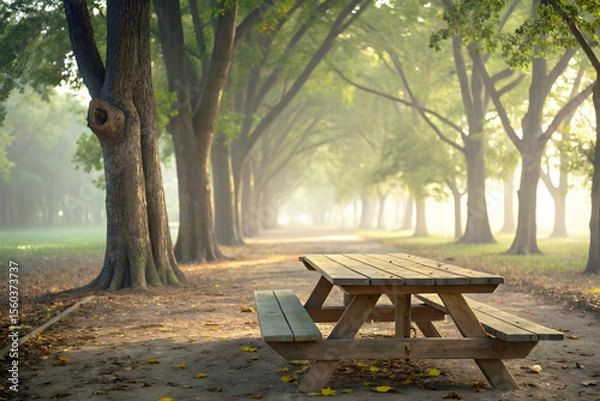 Fototapeta Empty Wooden Picnic Table on Leaf-Covered Forest Trail with Morning Light