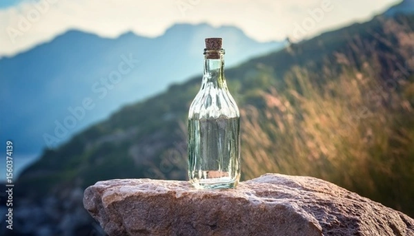Fototapeta empty glass bottle with rock is on the stone platform