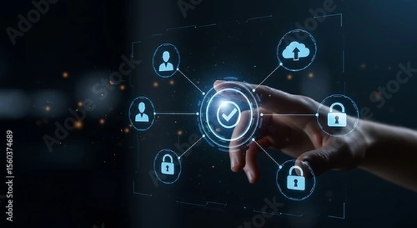 Fototapeta Hand Interacting with a Futuristic Blue Cybersecurity Interface Showing User Profiles Cloud Upload and Padlocks