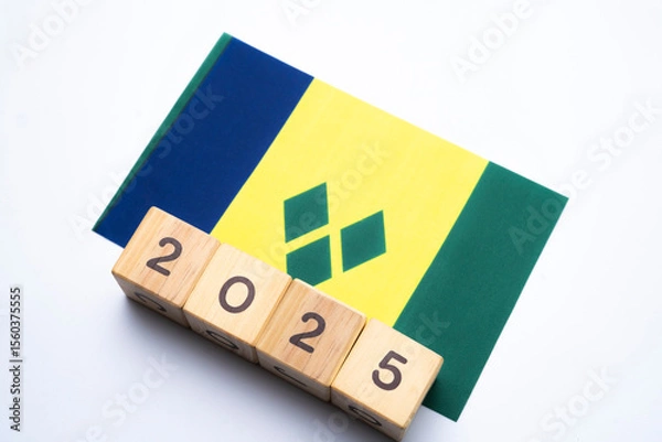 Fototapeta 2025, Saint Vincent and the Grenadines flag with date block, Concept, Important events for Saint Vincent and the Grenadines the new year, election, economy, social activities, central bank