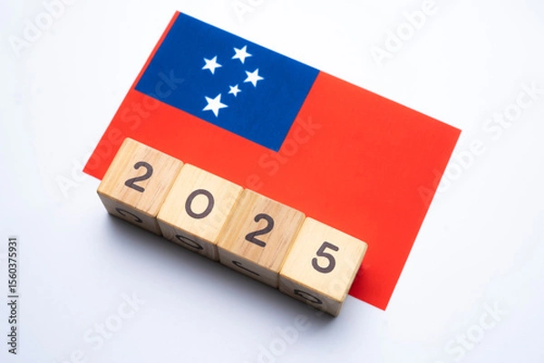 Fototapeta 2025, Samoa Flag with date block, Concept, Important events for Samoa the new year, election, economy, social activities, central bank, Samoa foreign policy