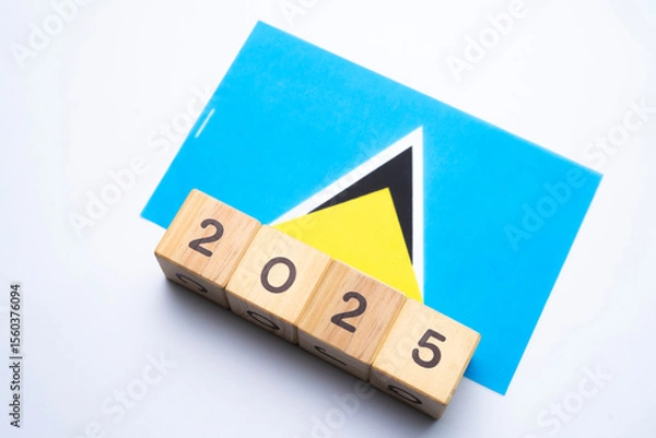 Fototapeta 2025, Saint Lucia Flag with date block, Concept, Important events for Saint Lucia the new year, election, economy, social activities, central bank, Saint Lucia foreign policy
