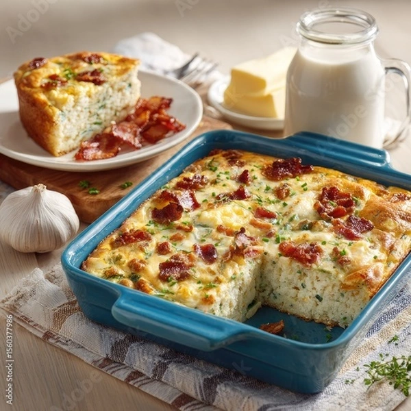 Obraz Baked egg dish with bacon and cheese