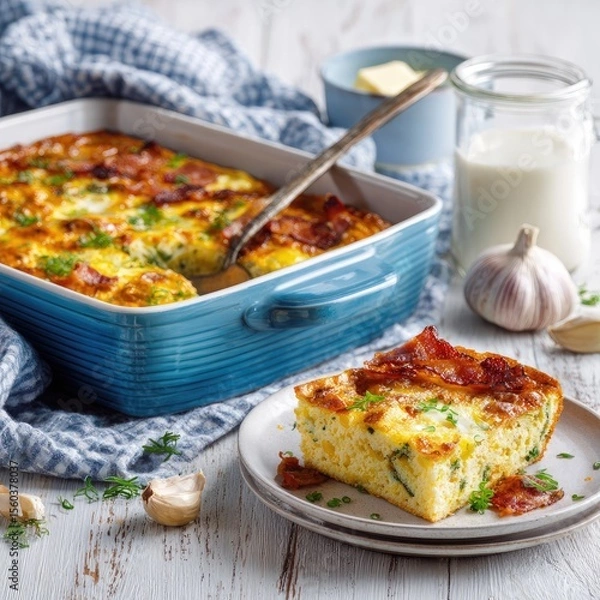 Obraz Baked egg dish with zucchini and bacon