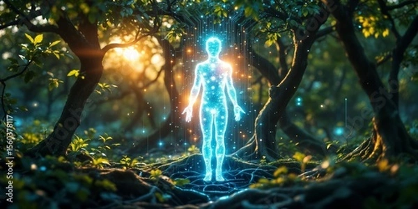Obraz A digital human silhouette glowing with energy in a serene forest setting at sunset, representing a blend of technology and nature.