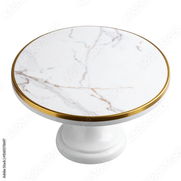 Obraz Round white marble cake stand with gold edge detailing, isolated on transparent background PNG