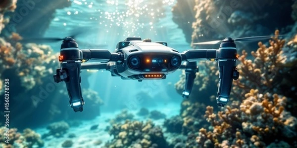Obraz Autonomous underwater drone with cameras exploring vibrant coral reef in clear ocean water, used for marine research, environmental monitoring, and ocean conservation technology.