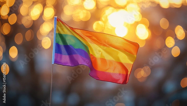Obraz Rainbow flag fluttering, casting colorful pride against soft golden glimmering backdrop