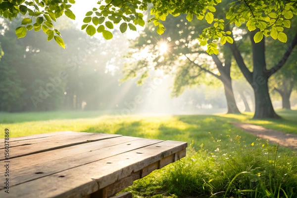 Fototapeta Wooden Tabletop in Front of Curved Path Through Sunlit Green Forest