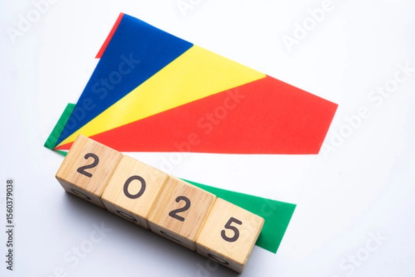 Fototapeta 2025, Seychelles, Seychelles flag with date block, Concept, Important events for Seychelles in the new year, election, economy, social activities, central bank, Seychelles foreign policy